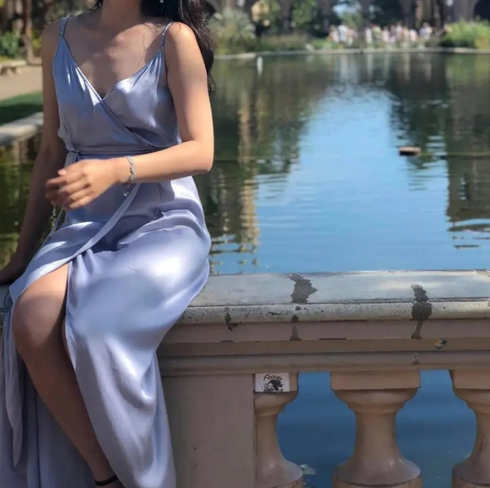 Wayf Teagan Satin Wrap Maxi Dress Ice Blue View 3